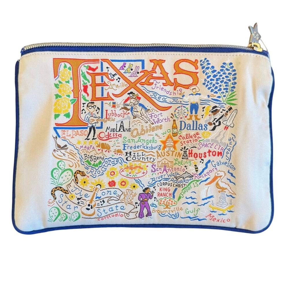 Cat studio Texas Map Embroidered Zip Pouch Travel Cosmetic Bag Cream Multicolor